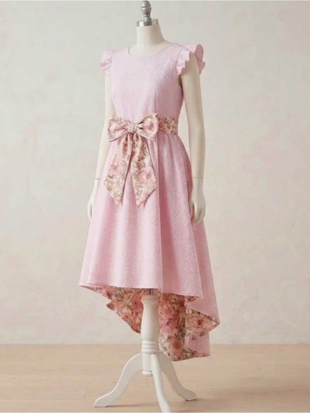 Girls' Pink High-Low Floral Sash Party Dress